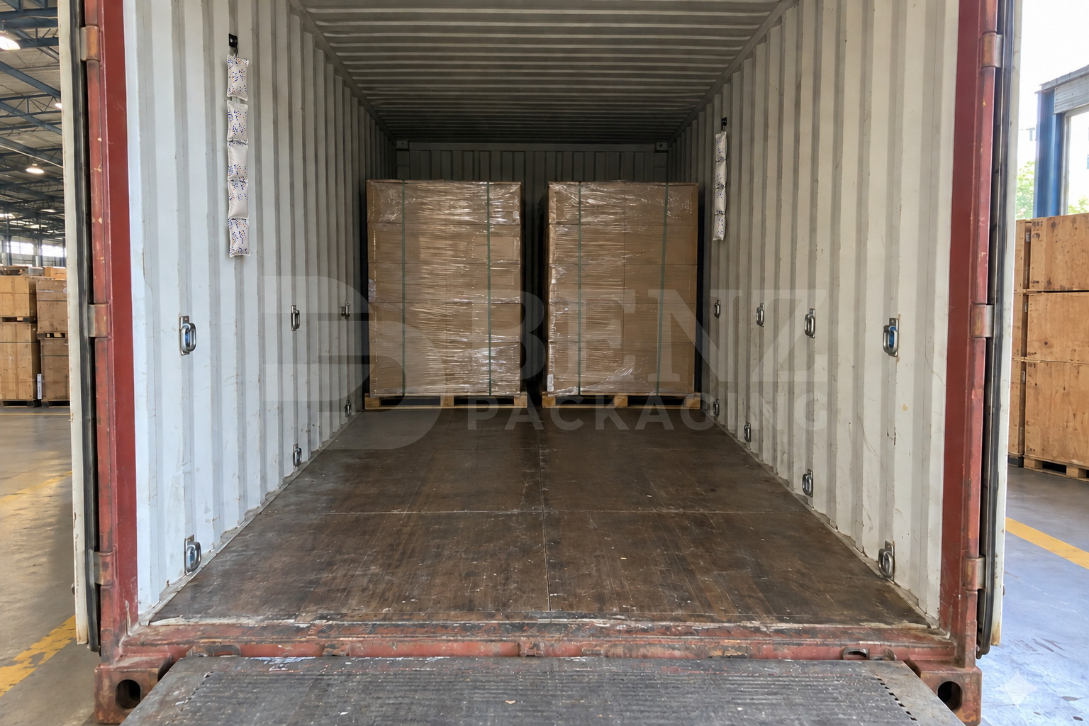 BE DRY ULTRA container desiccants installed beside palletised cargo in a closed shipping container