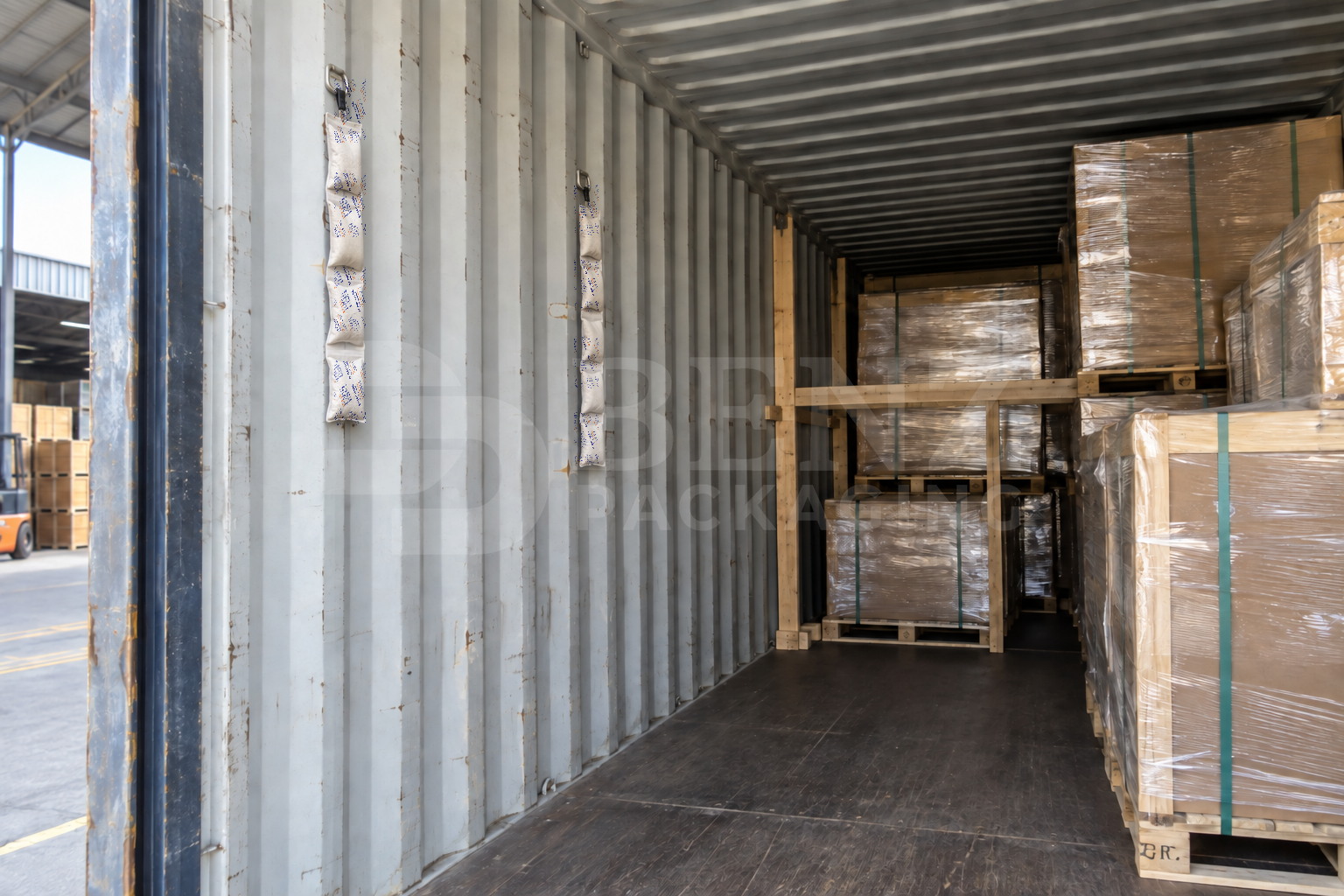 Container desiccant strips distributed along the sidewall beside dry export cargo