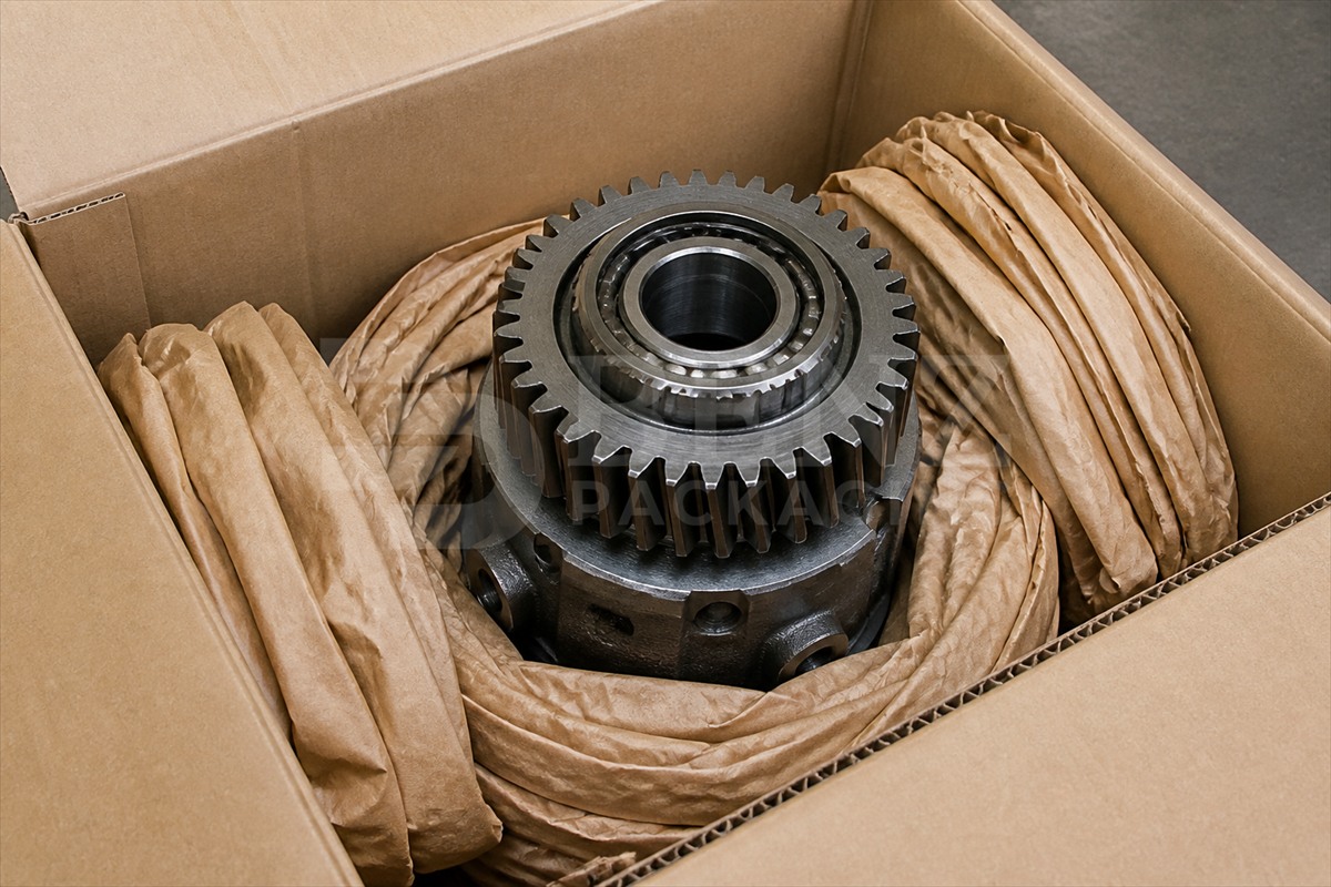 formed paper cushioning around a machined component
