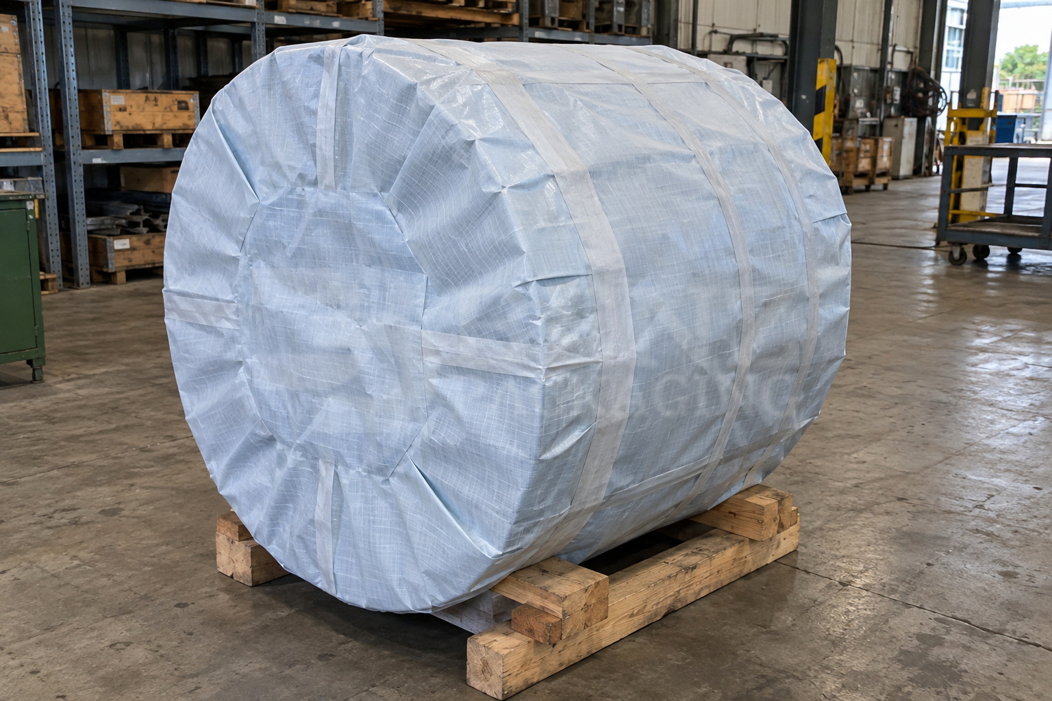 Large steel-coil load fully enclosed in reinforced VCI paper on timber chocks