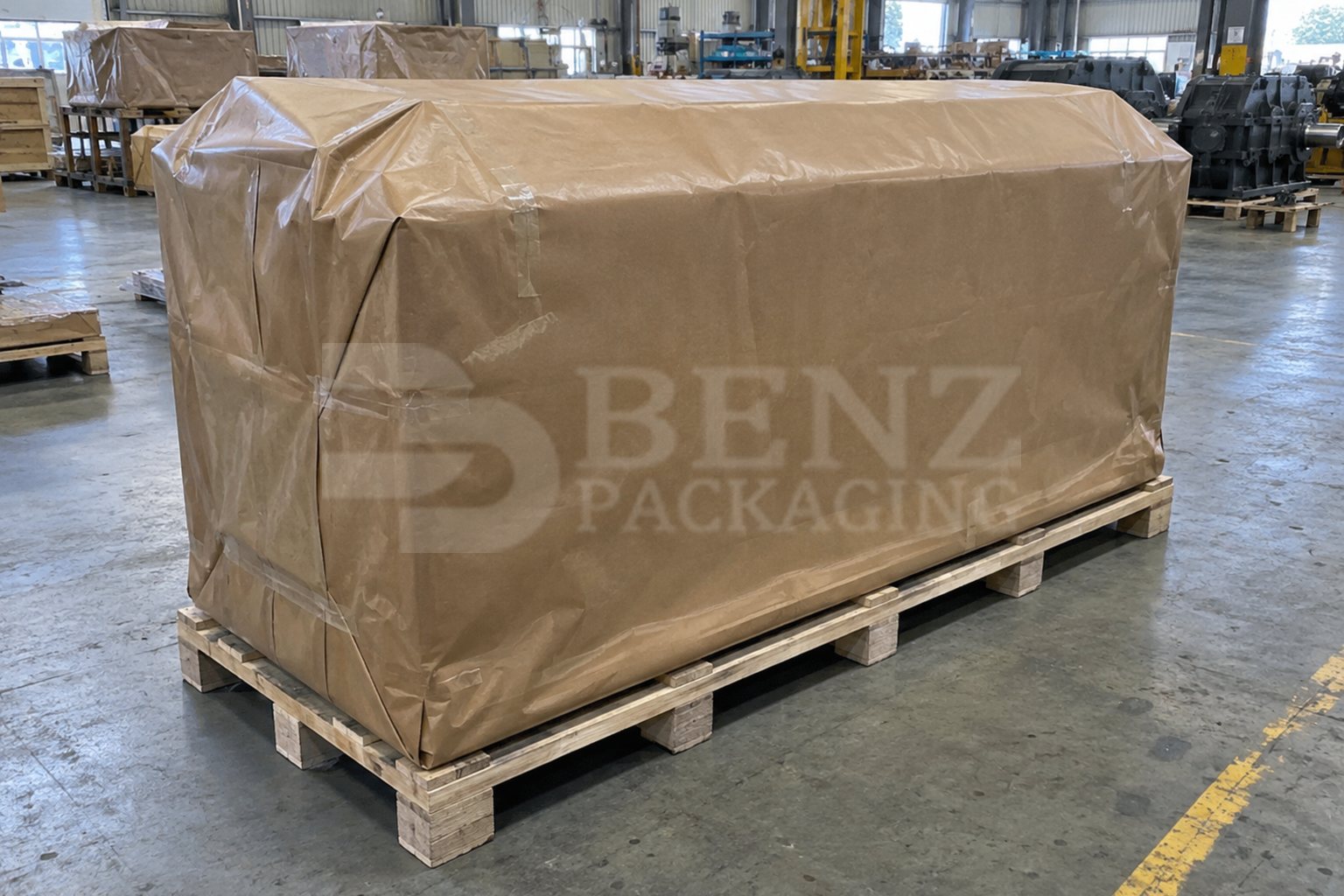 Large export gearbox fully wrapped in moisture-resistant PE-coated VCI paper