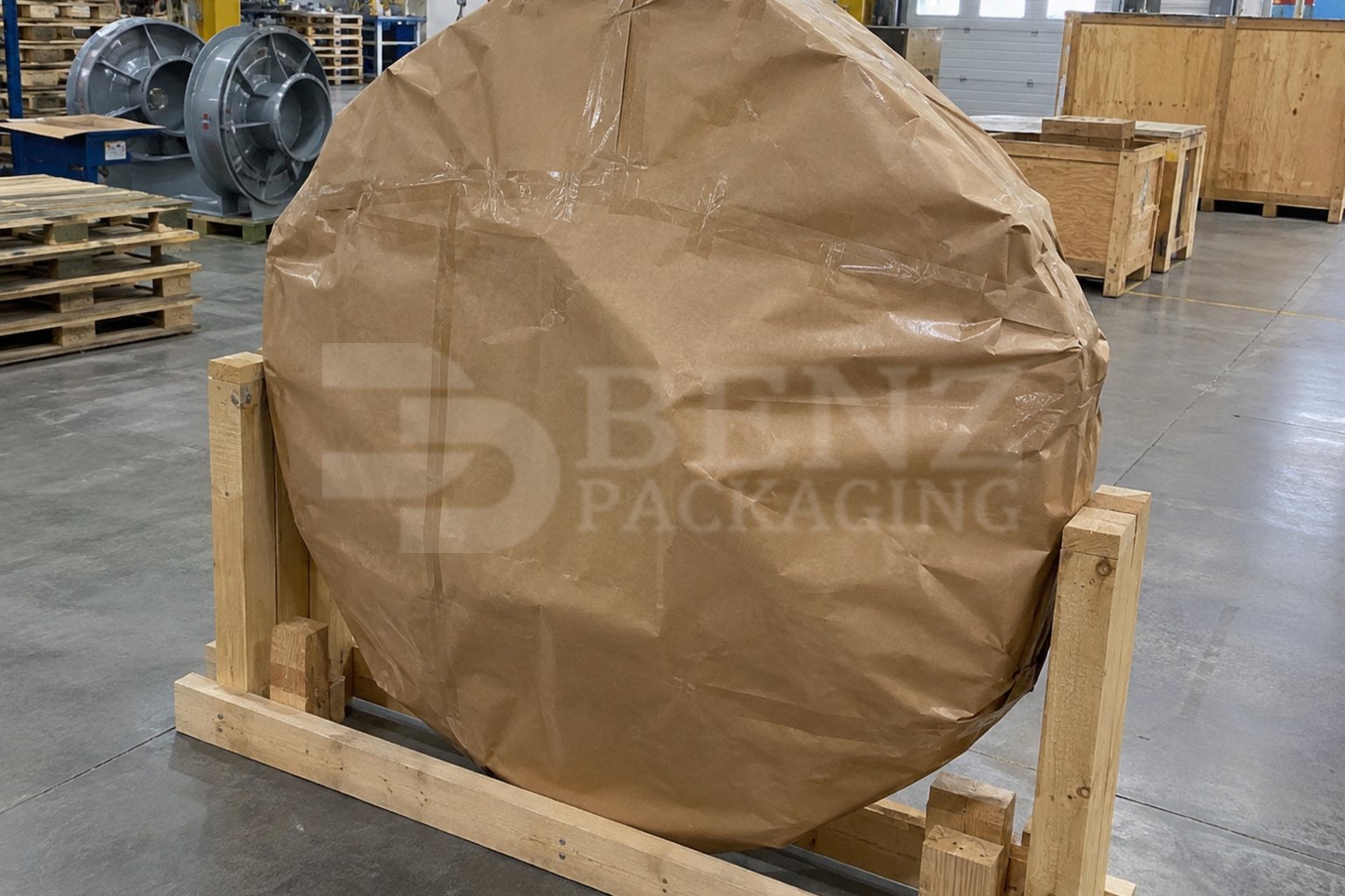 Industrial fan-impeller package fully enclosed in PE-coated laminated VCI paper