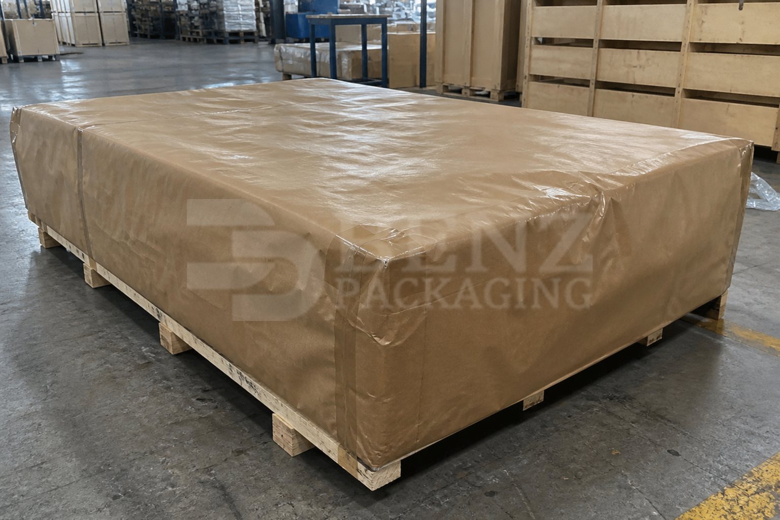 Large machine-base load fully enclosed in PE-coated laminated VCI paper on a pallet