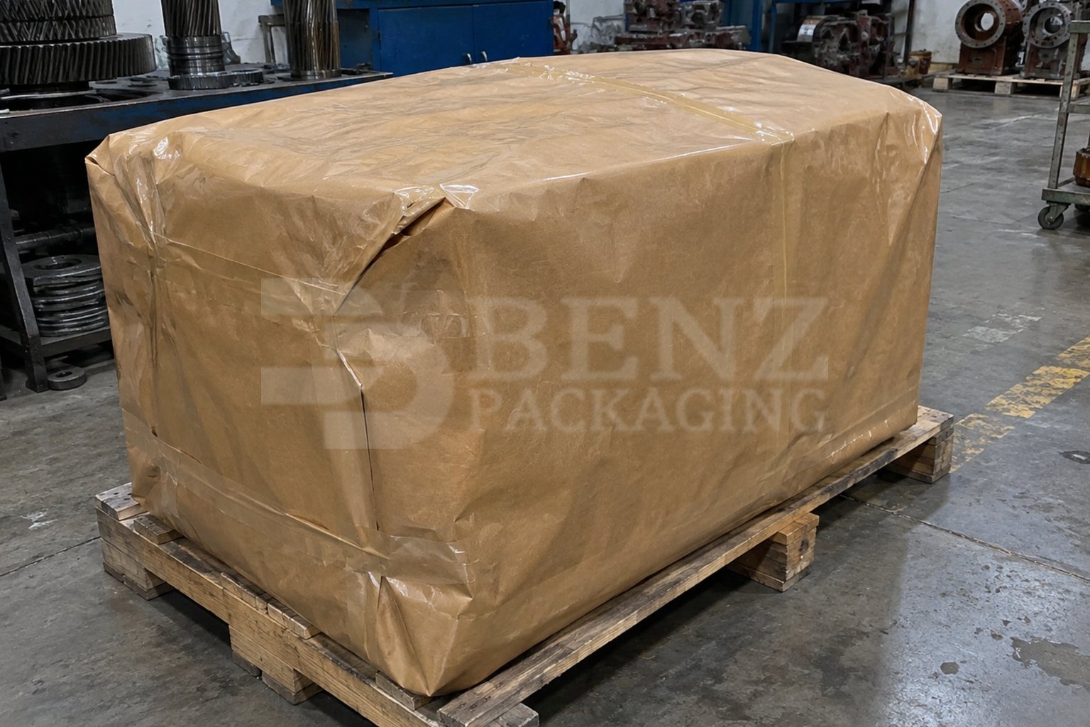 Square gear-reducer package fully enclosed in PE-coated laminated VCI paper