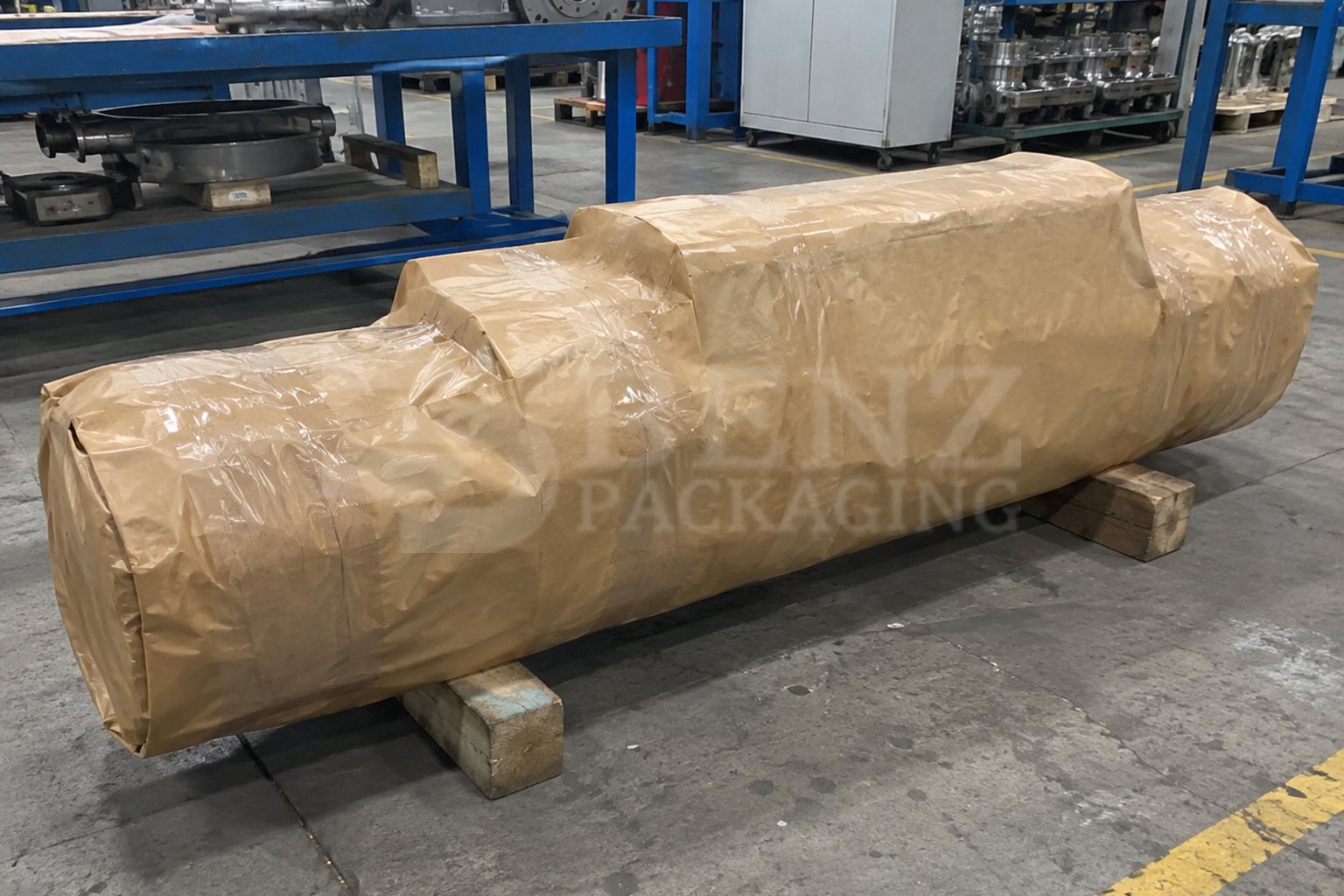 Horizontal multistage-pump package completely wrapped in PE-coated VCI paper