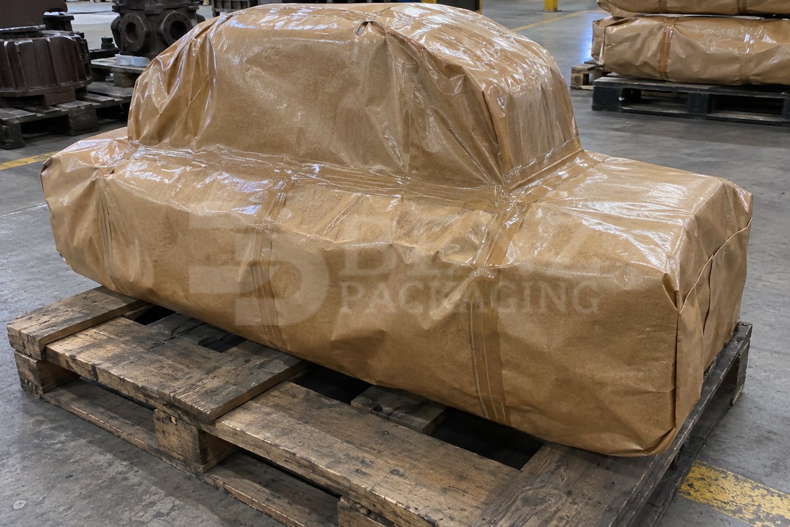 Heavy cast-metal casing fully enclosed in moisture-resistant PE-coated VCI paper