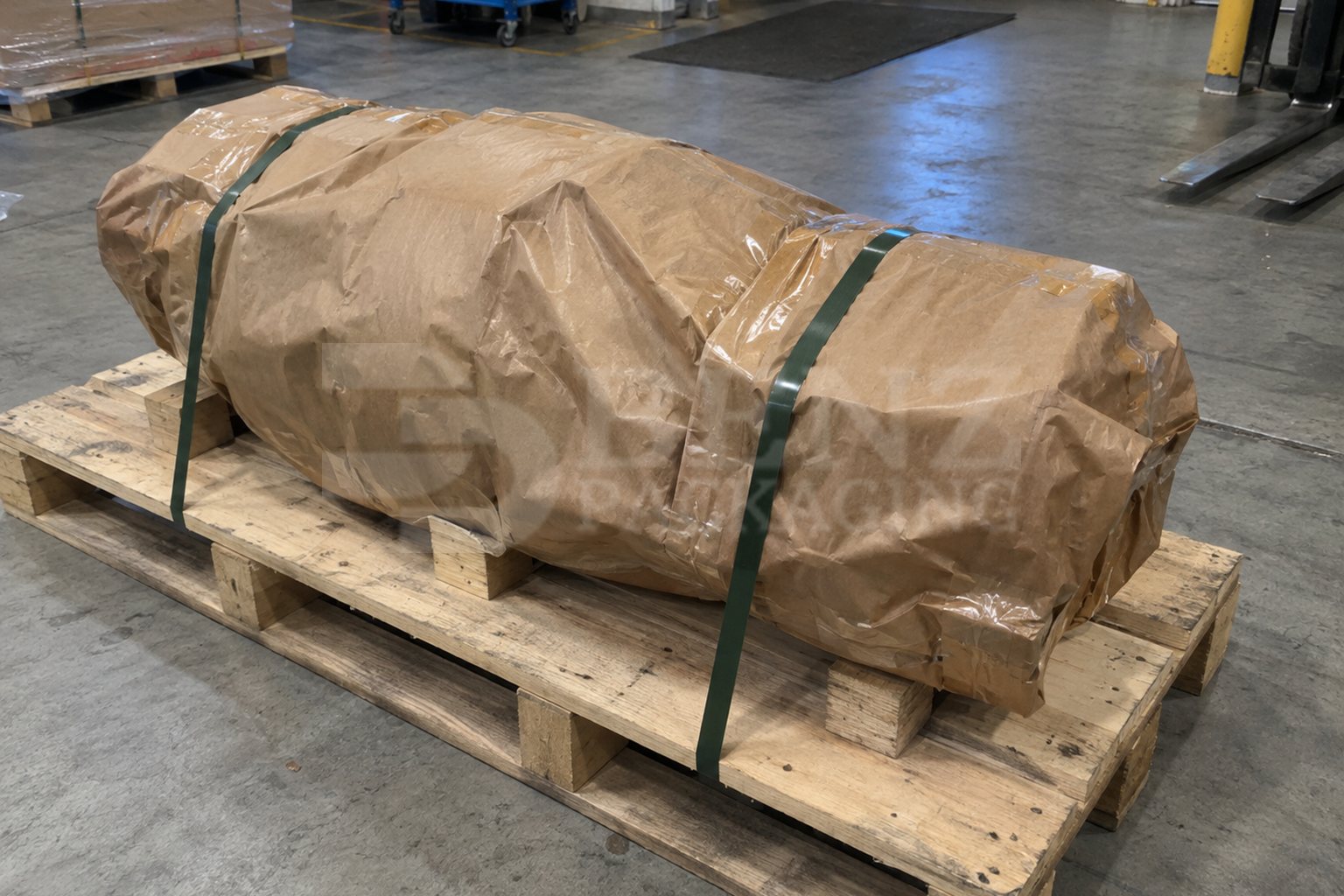 Differential-housing package enclosed in PE-coated VCI paper and restrained on a pallet