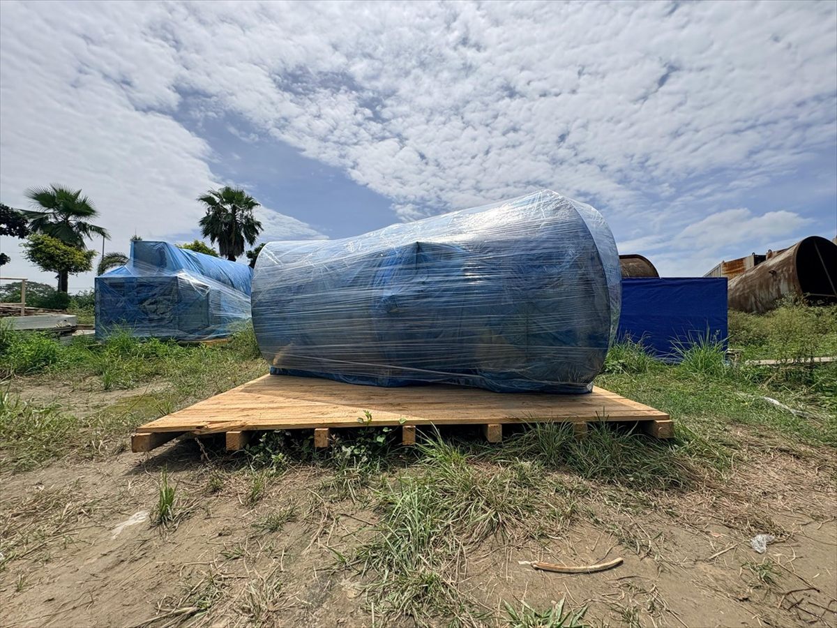 Conical hopper wrapped and cradled on a purpose built timber pallet