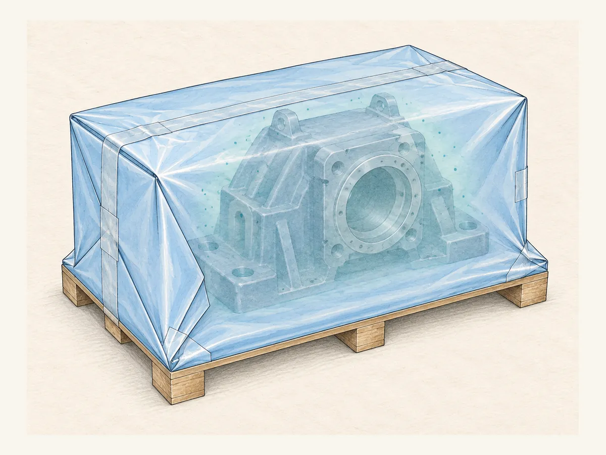BENZPACK™ PE-Coated Laminated VCI Paper: Overlap and close technical illustration