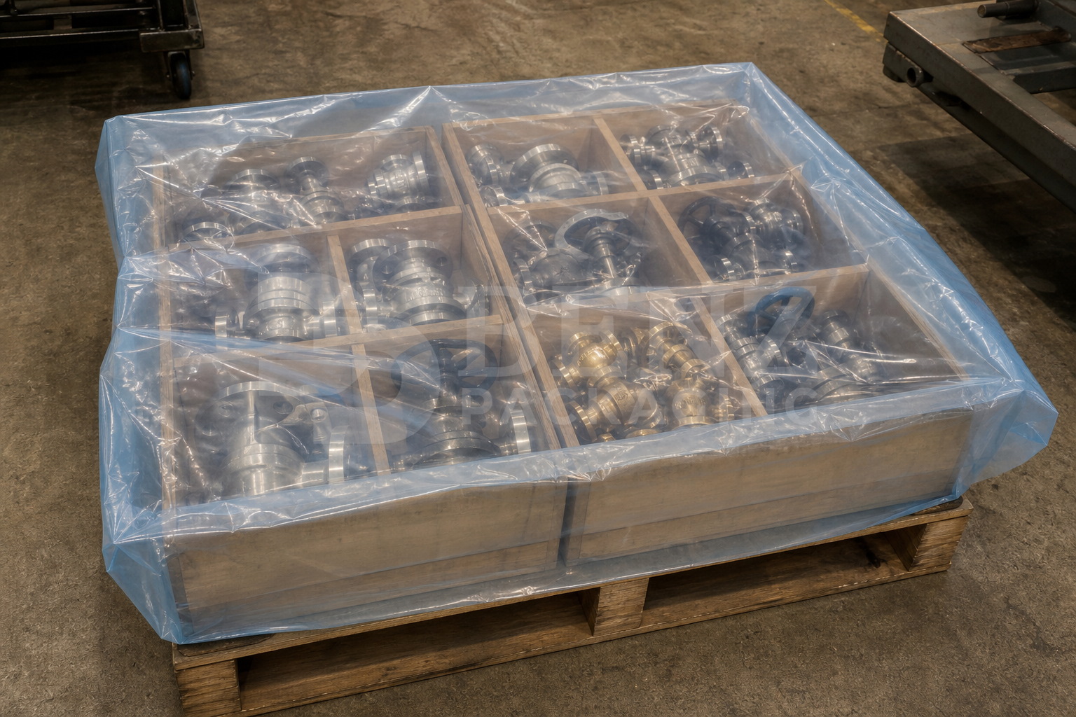 Multimetal VCI film packaging for mixed valve repair kits in an industrial parts-protection scenario.