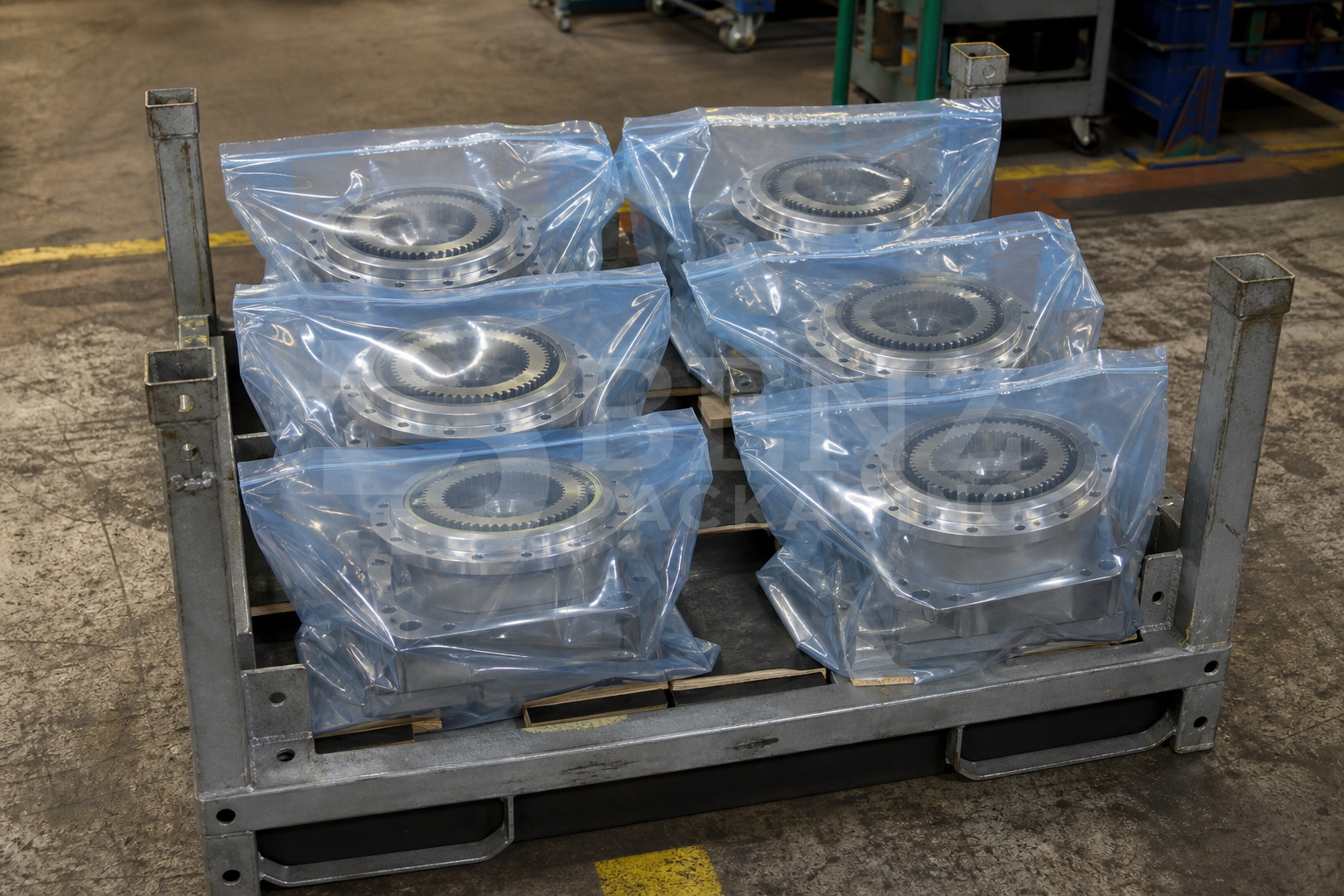 Multimetal VCI film packaging for robot gear reducers in an industrial parts-protection scenario.