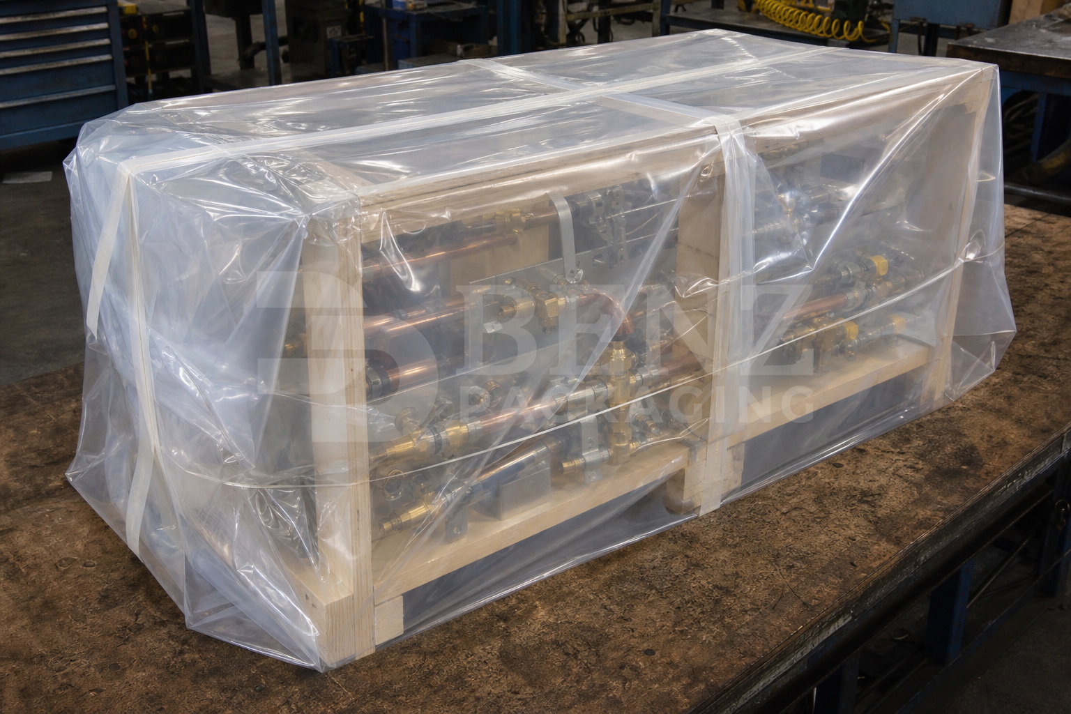Multimetal VCI film packaging for a copper brass manifold kit in an industrial parts-protection scenario.