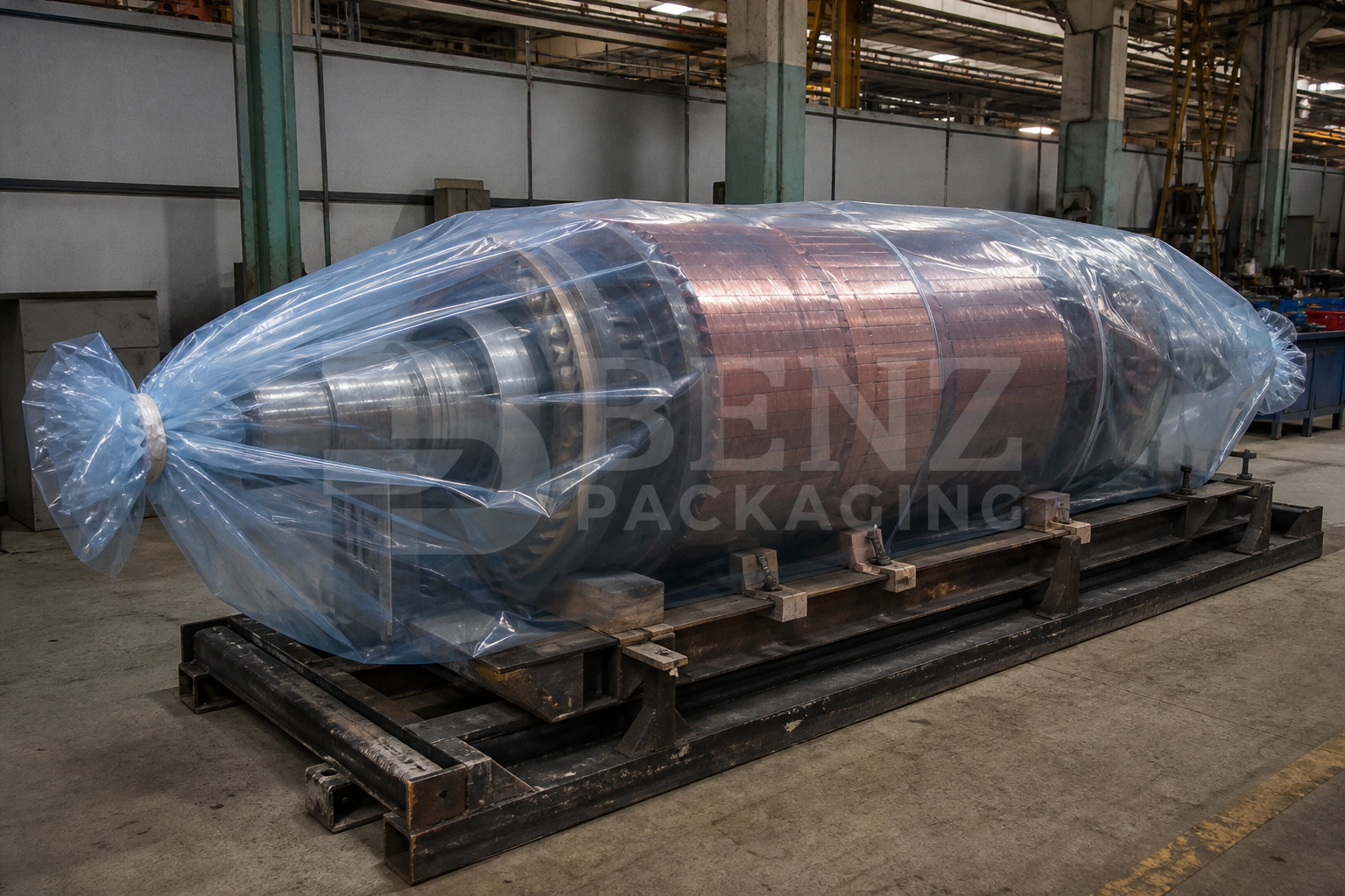 Multimetal VCI film packaging for a generator rotor inside a fitted 3D bag in an industrial parts-protection scenario.
