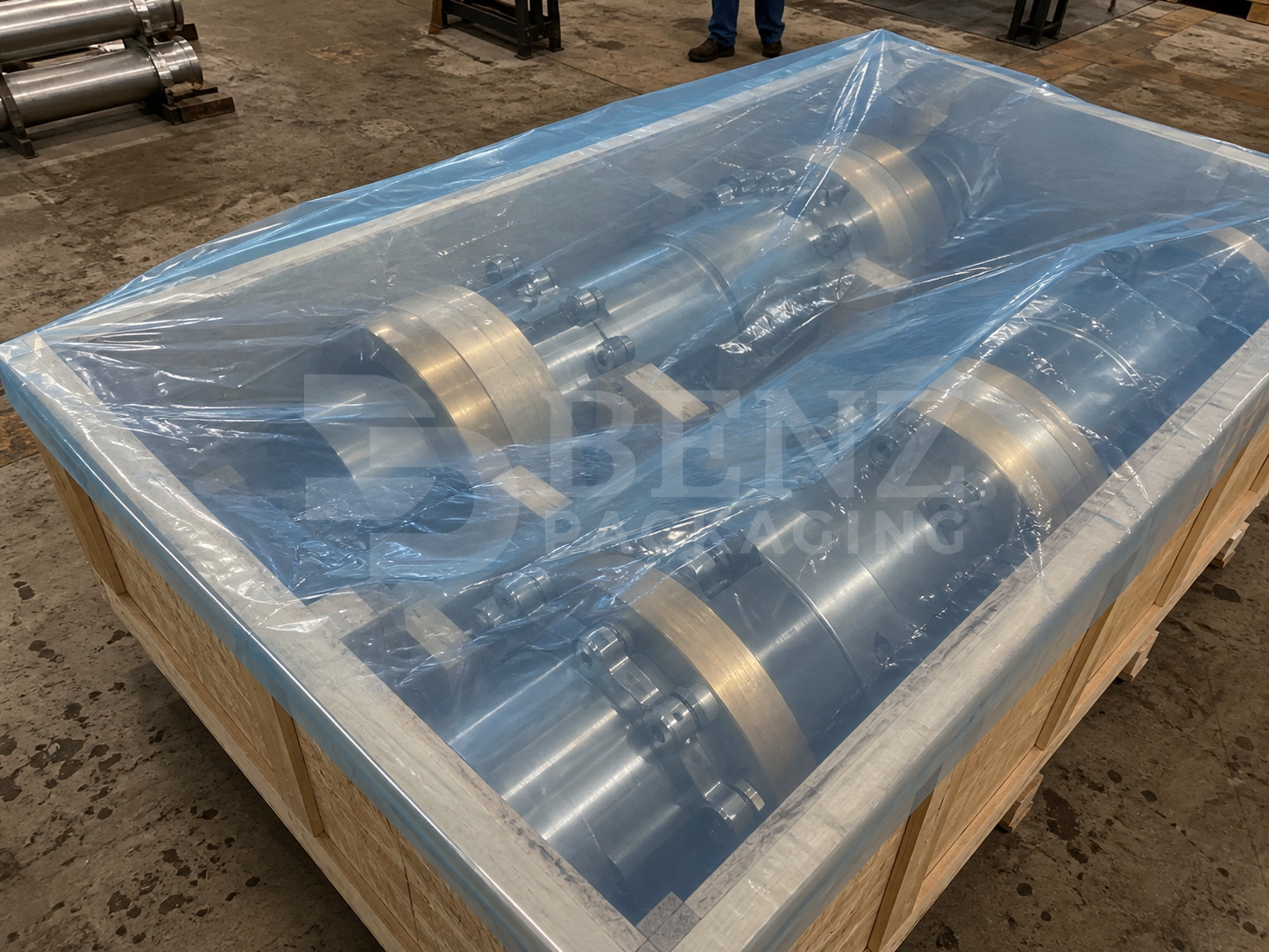 Multimetal VCI film packaging for marine couplings inside an export crate in an industrial parts-protection scenario.