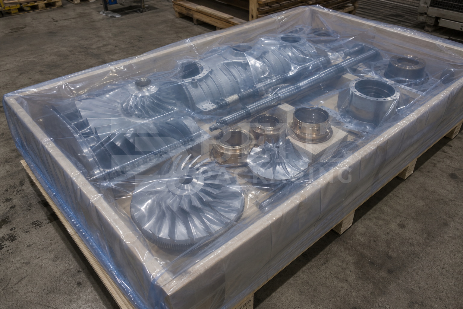 Multimetal VCI film packaging for compressor spares inside an export crate in an industrial parts-protection scenario.