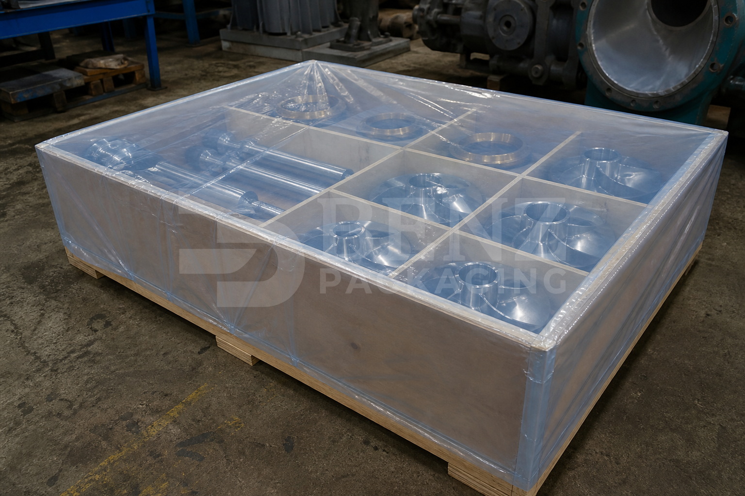 Multimetal VCI film packaging for pump impellers and shafts inside a lined export crate in an industrial parts-protection scenario.
