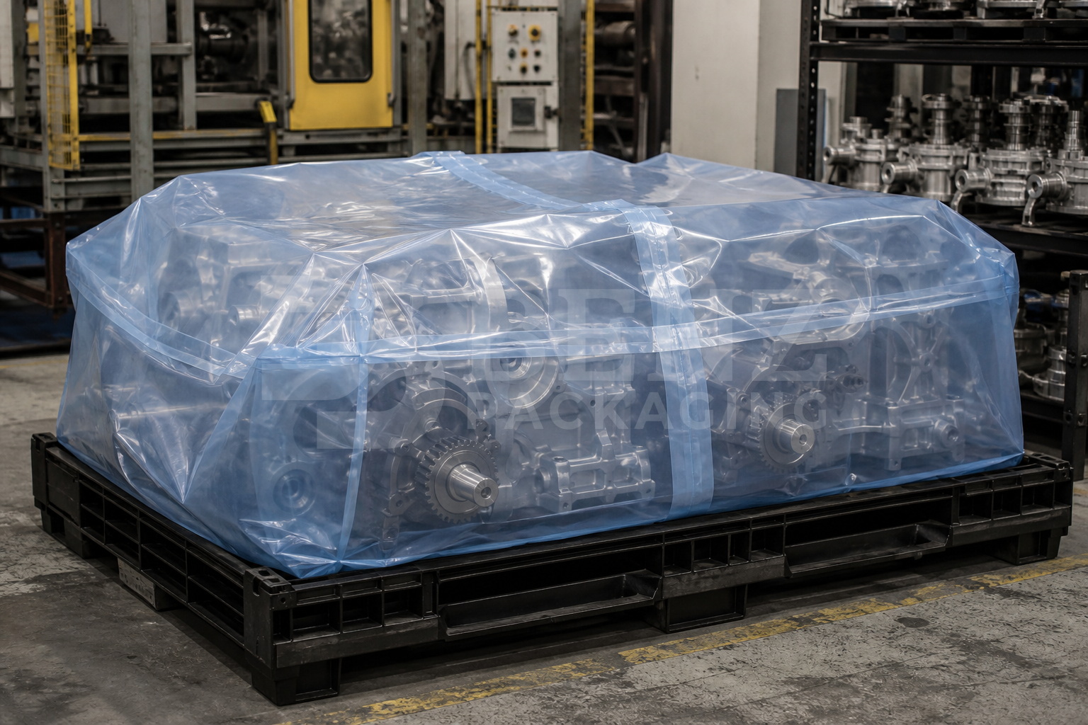 Multimetal VCI film packaging for aluminium gear housings steel internals in an industrial parts-protection scenario.