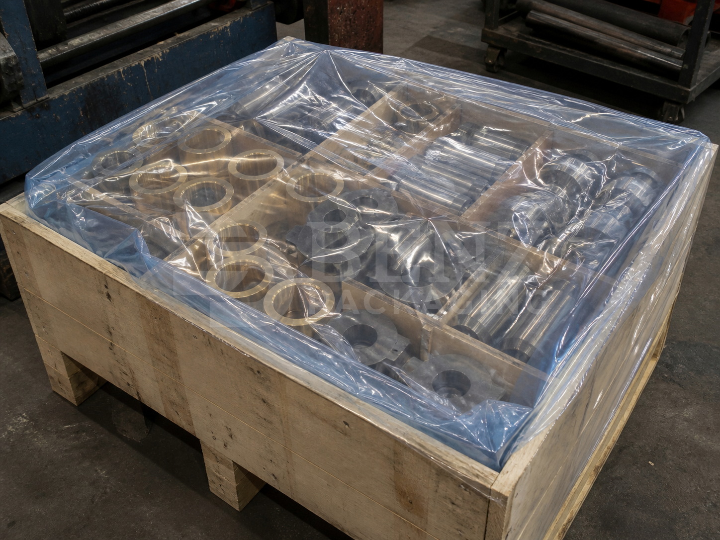 Multimetal VCI film packaging for bronze bushings steel pins inside an export crate in an industrial parts-protection scenario.