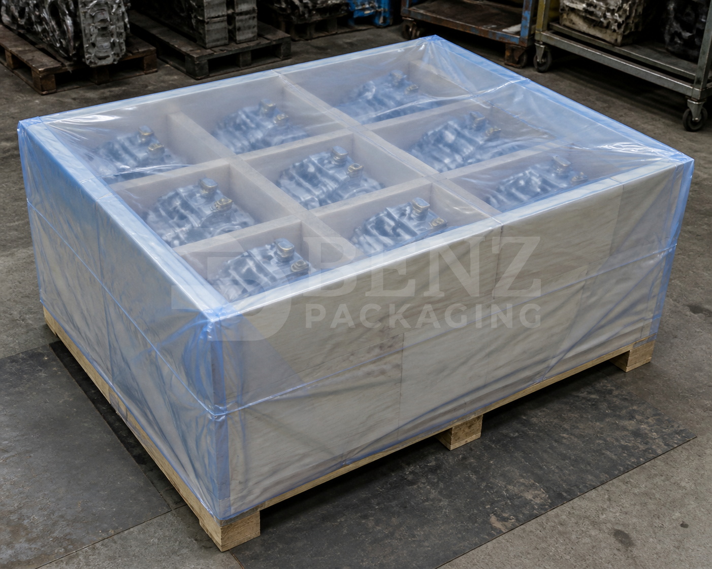 Multimetal VCI film packaging for diesel injection pumps inside an export crate in an industrial parts-protection scenario.