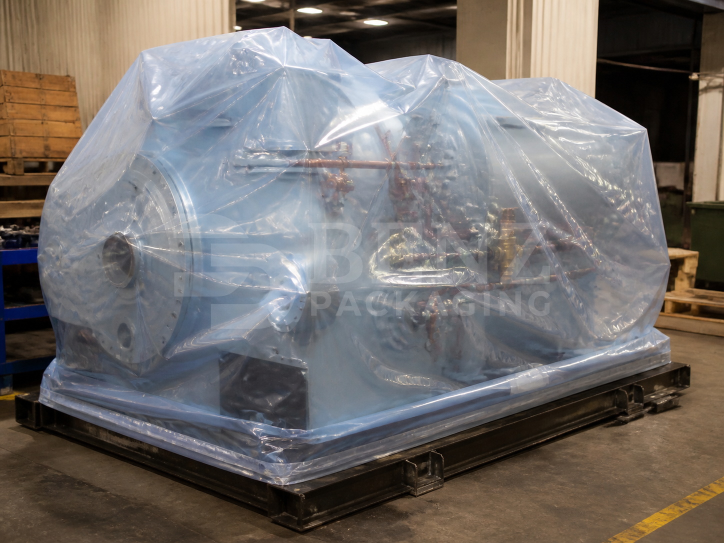 Multimetal VCI film packaging for a mining hydraulic transmission in an industrial parts-protection scenario.