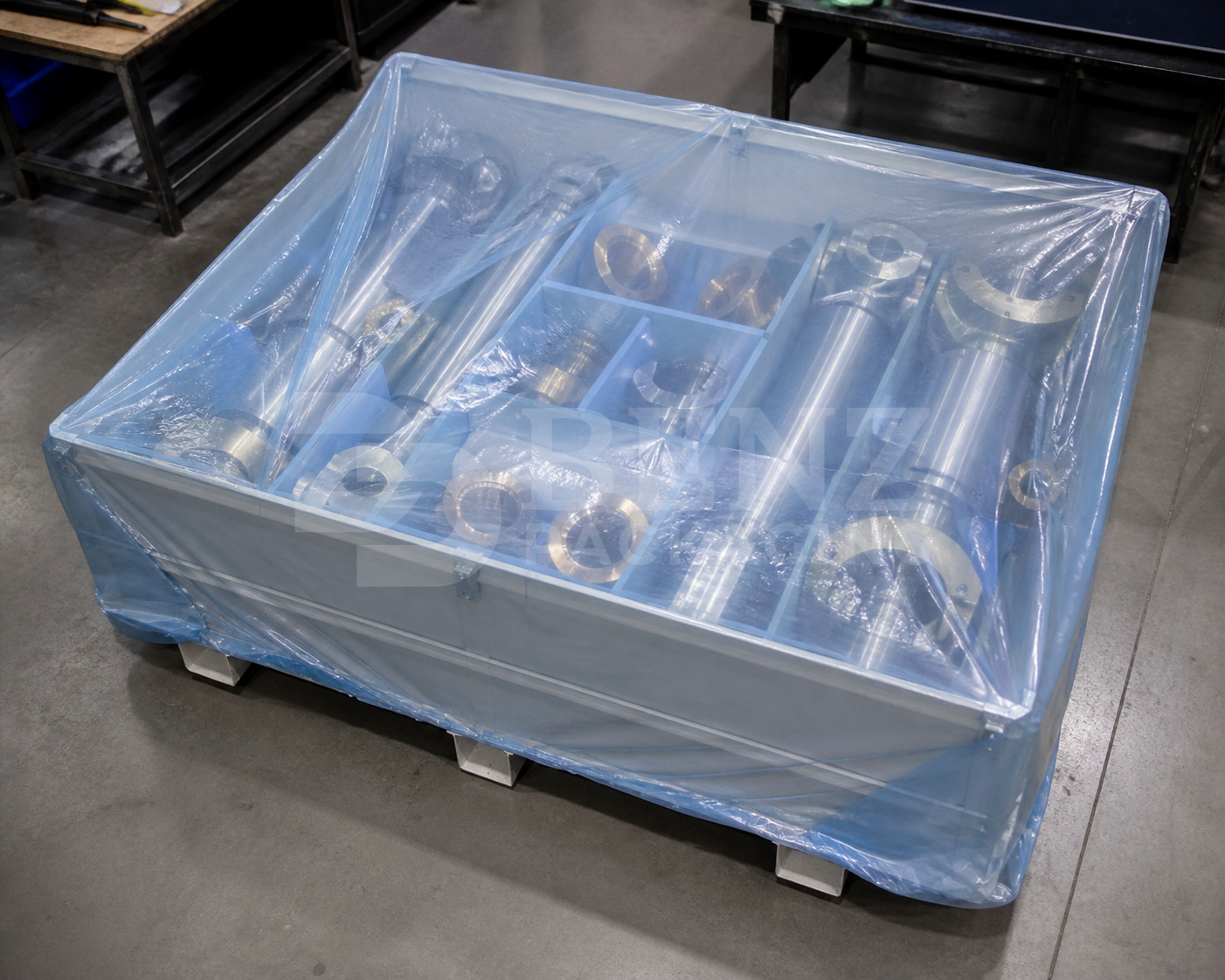 Multimetal VCI film packaging for aerospace landing gear components in an industrial parts-protection scenario.
