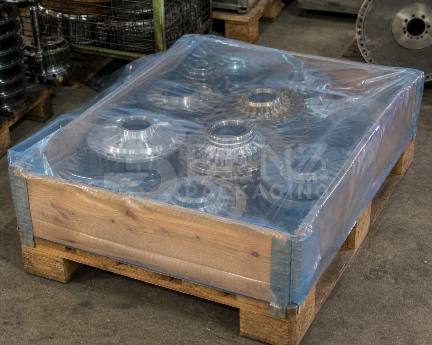 Multimetal VCI film packaging for industrial clutch brake kits in an industrial parts-protection scenario.