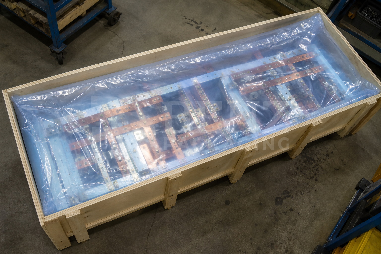 Multimetal VCI film packaging for a copper busbar steel support kit in an industrial parts-protection scenario.