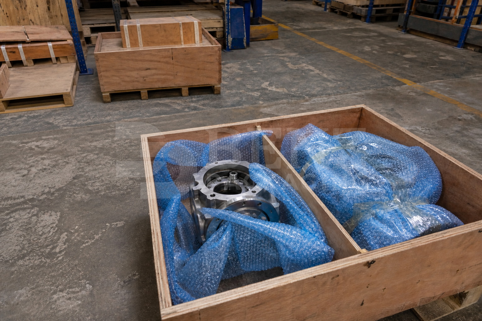 VCI bubble film cushioning a pump housing inside an export crate in an industrial protective pack.