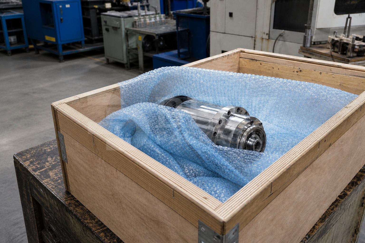VCI bubble film cushioning a CNC spindle cartridge in an industrial protective pack.