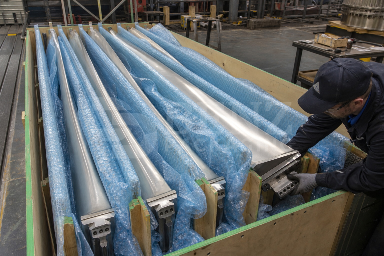 VCI bubble film cushioning a turbine blade set in an industrial protective pack.