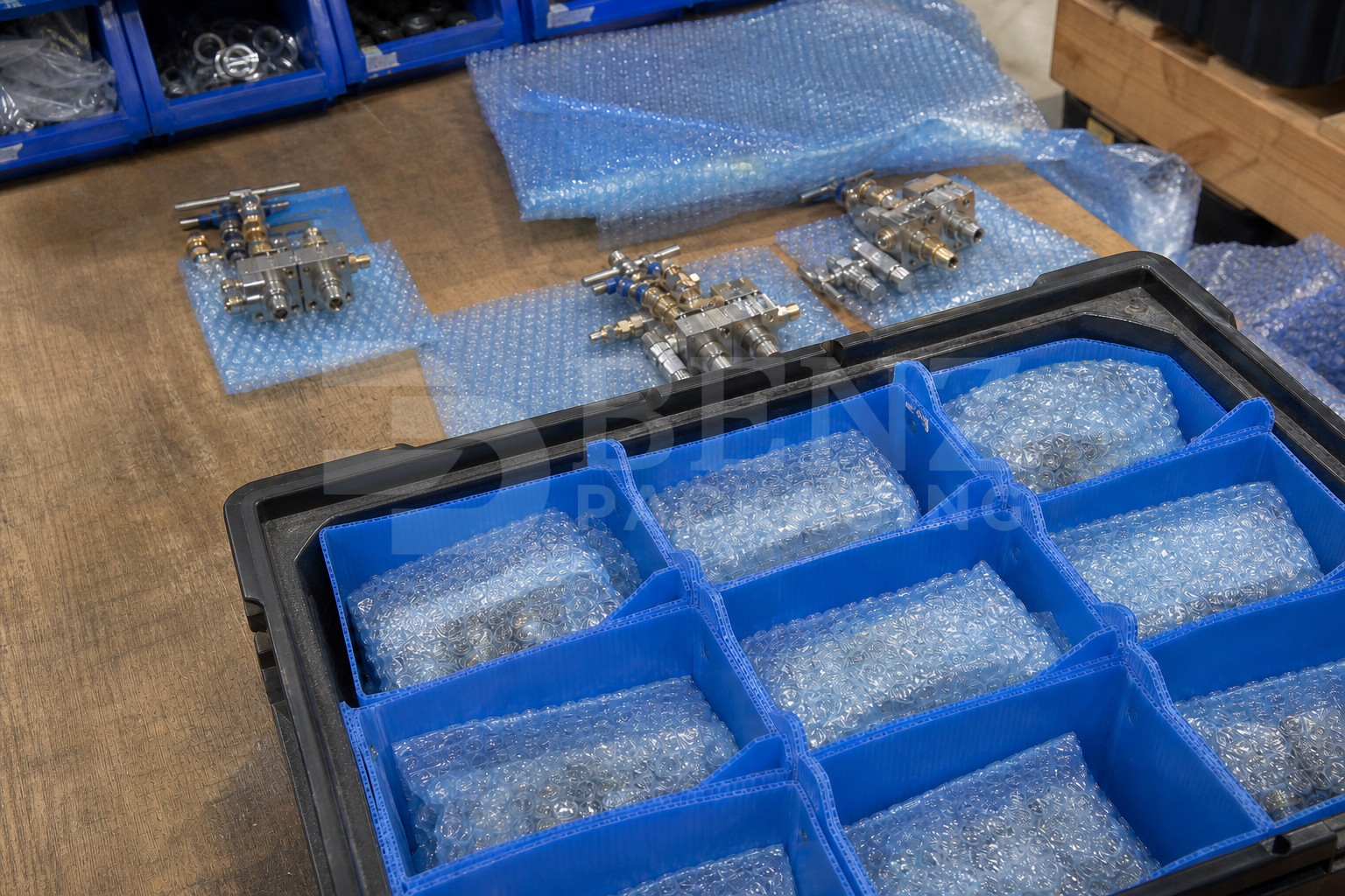 VCI bubble film cushioning brass instrument valves in an industrial protective pack.