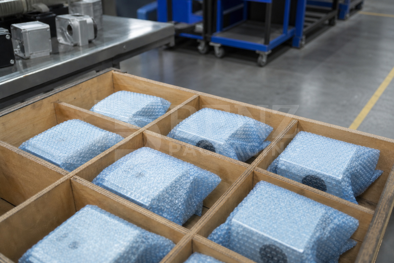 VCI bubble film cushioning industrial camera housings in an industrial protective pack.