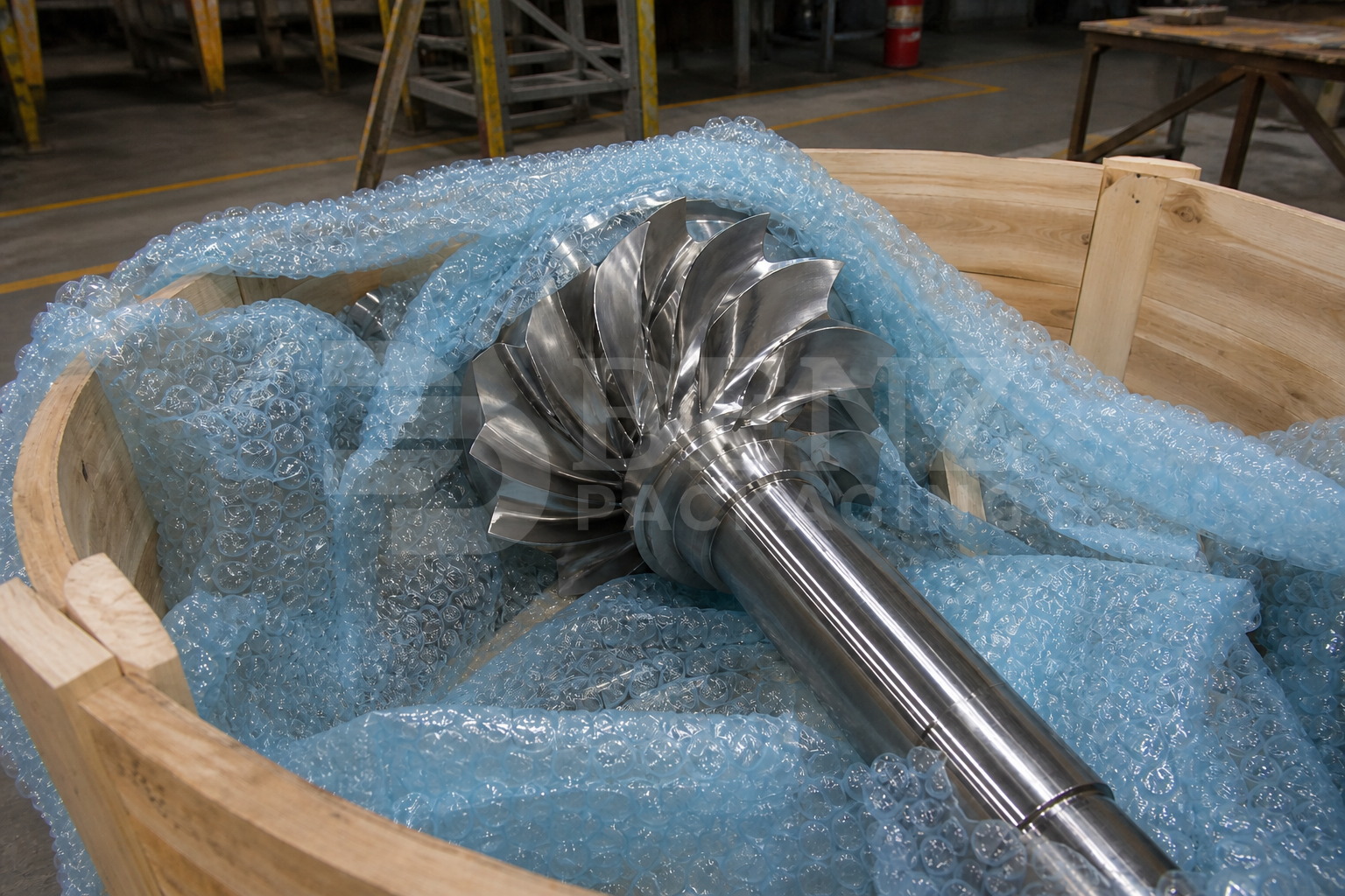 VCI bubble film cushioning a compressor impeller in an industrial protective pack.
