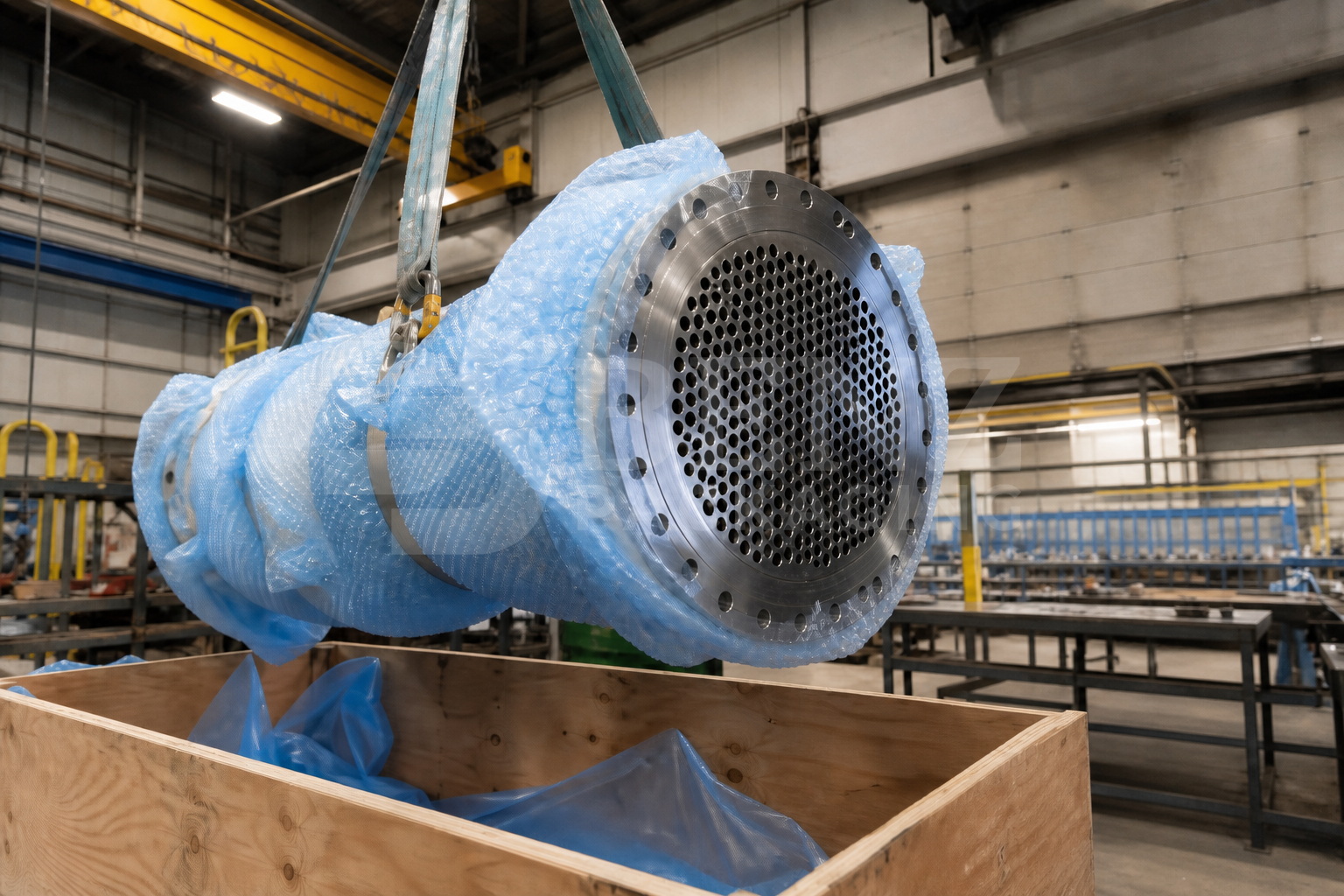 VCI bubble film cushioning a stainless heat exchanger head in an industrial protective pack.