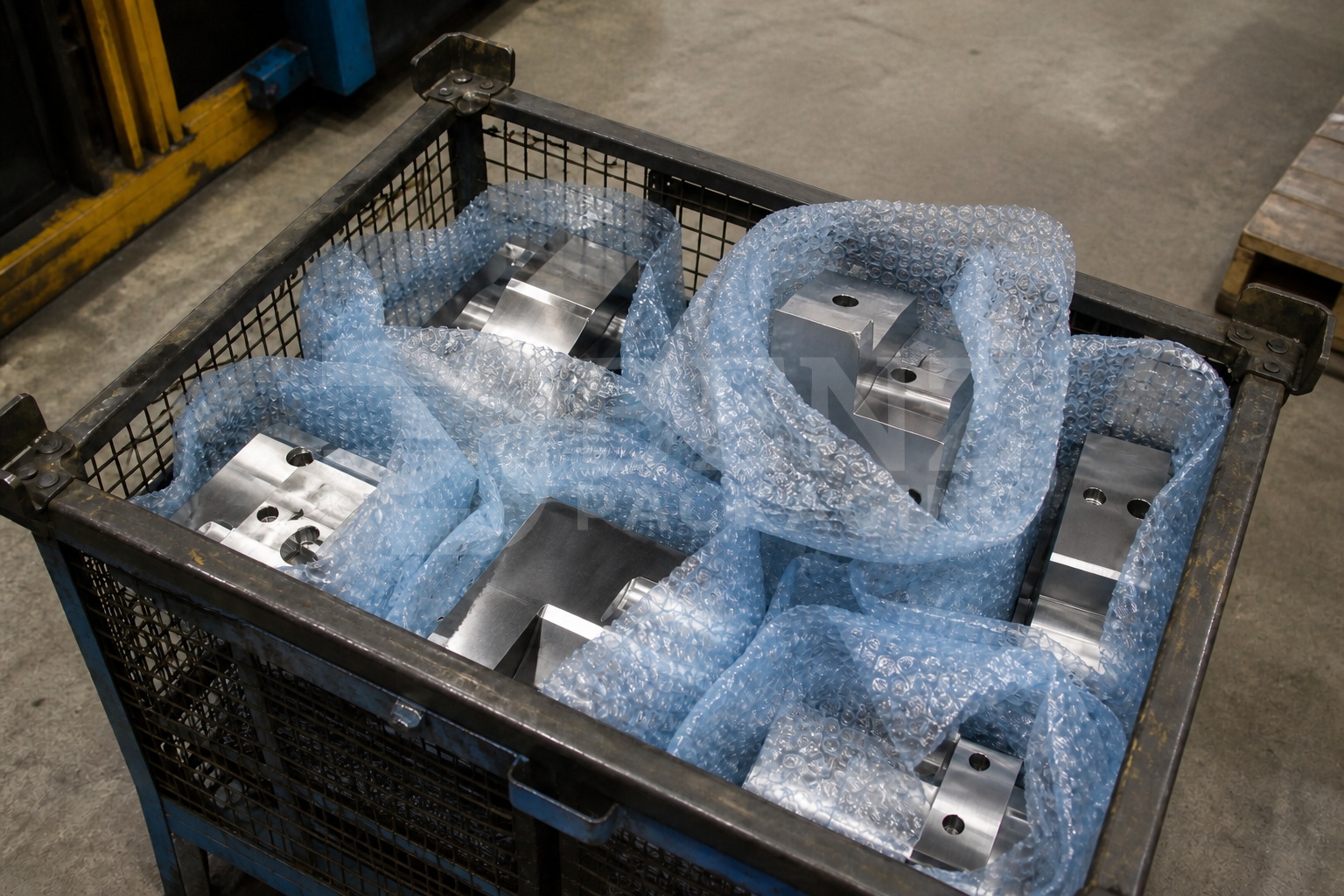 VCI bubble film cushioning die casting mould inserts in an industrial protective pack.