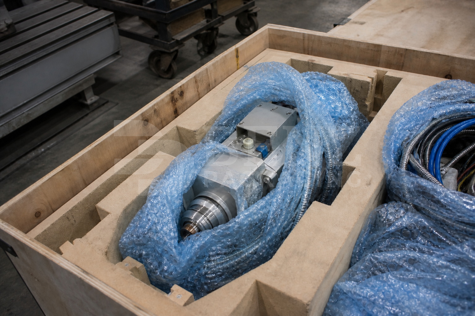 VCI bubble film cushioning a laser cutting head in an industrial protective pack.