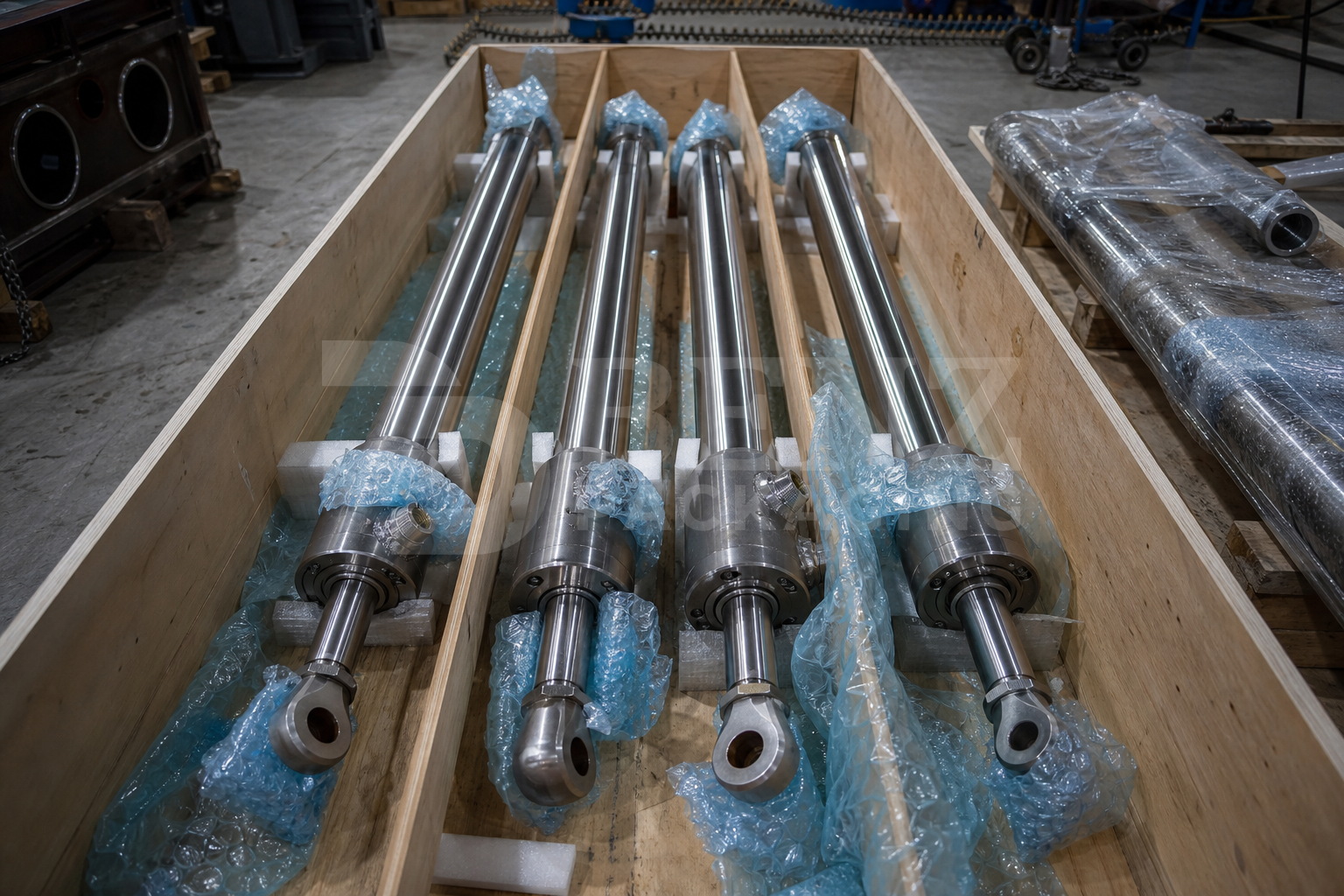 VCI bubble film cushioning hydraulic servo cylinders in an industrial protective pack.