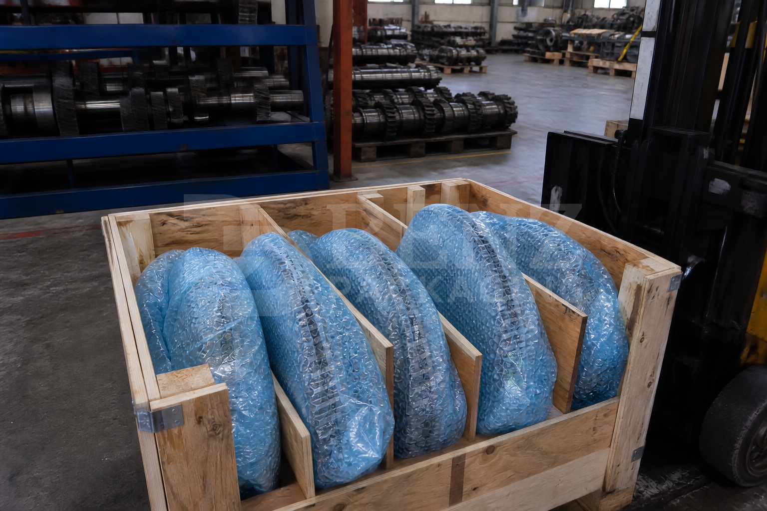 VCI bubble film cushioning precision gear pairs in an industrial protective pack.