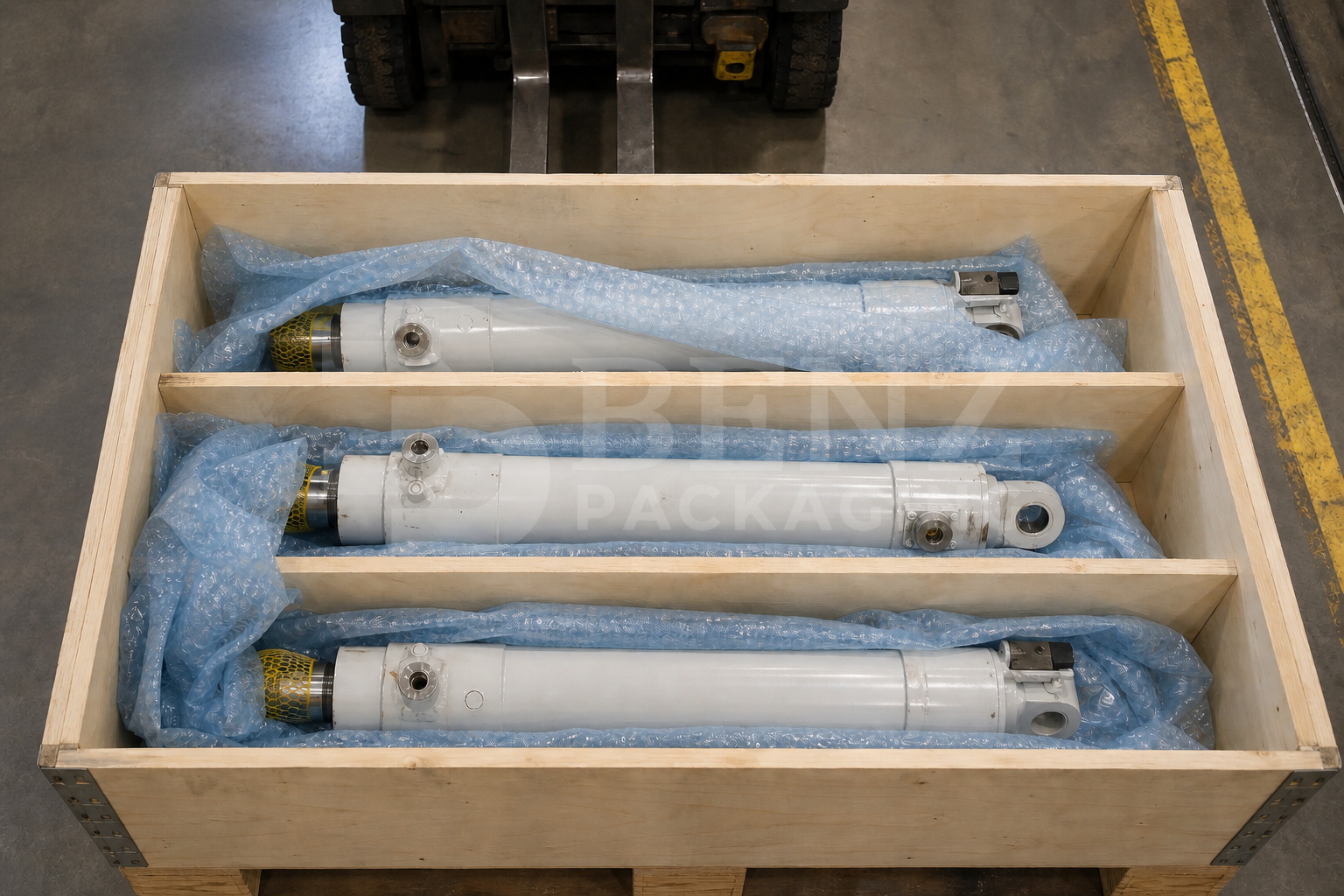 VCI bubble film cushioning an aerospace actuator set in an industrial protective pack.