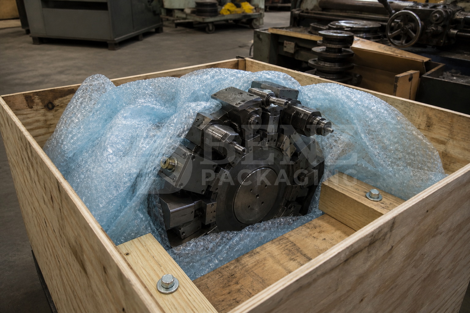 VCI bubble film cushioning a CNC tool turret in an industrial protective pack.
