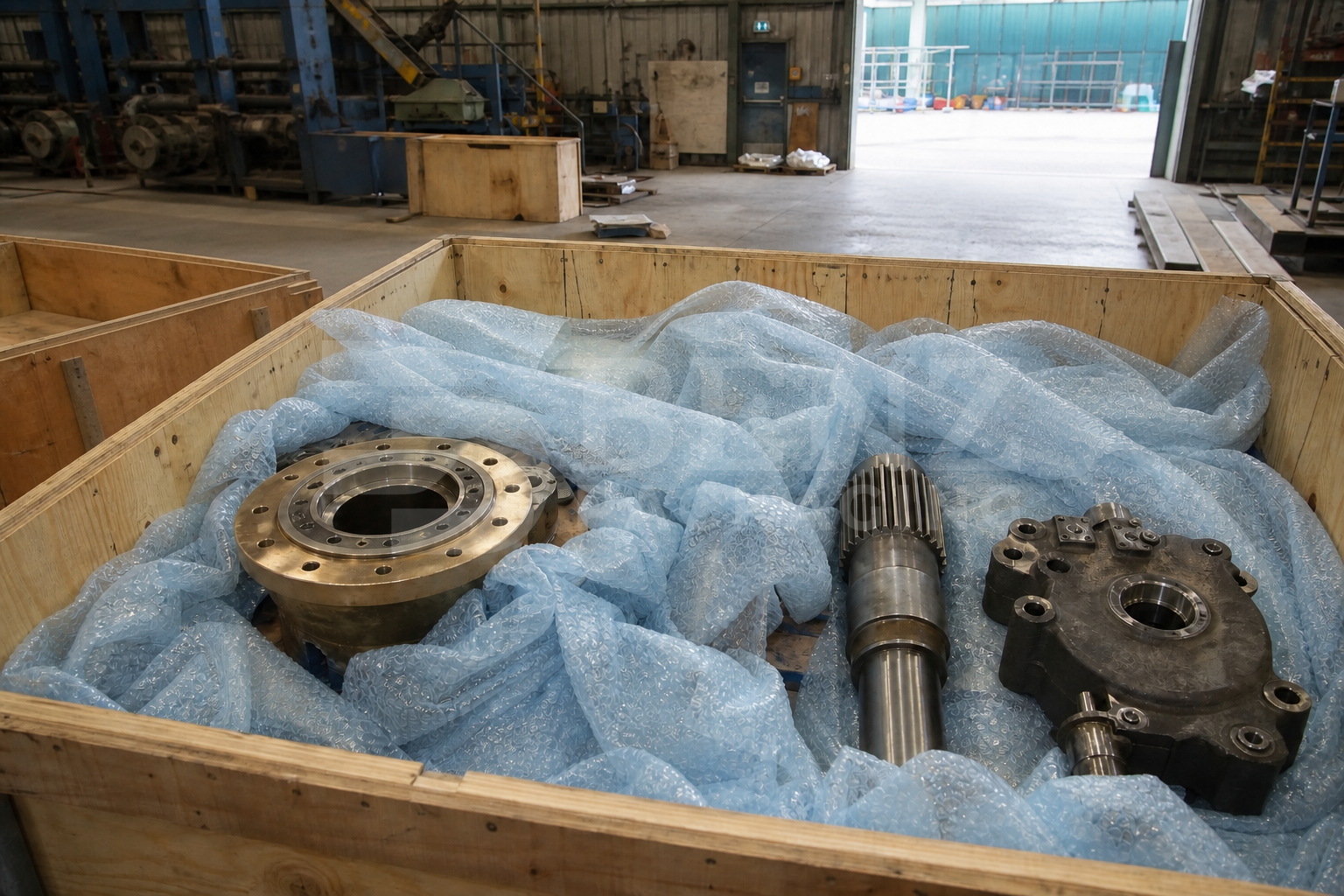 VCI bubble film cushioning ship steering gear parts in an industrial protective pack.