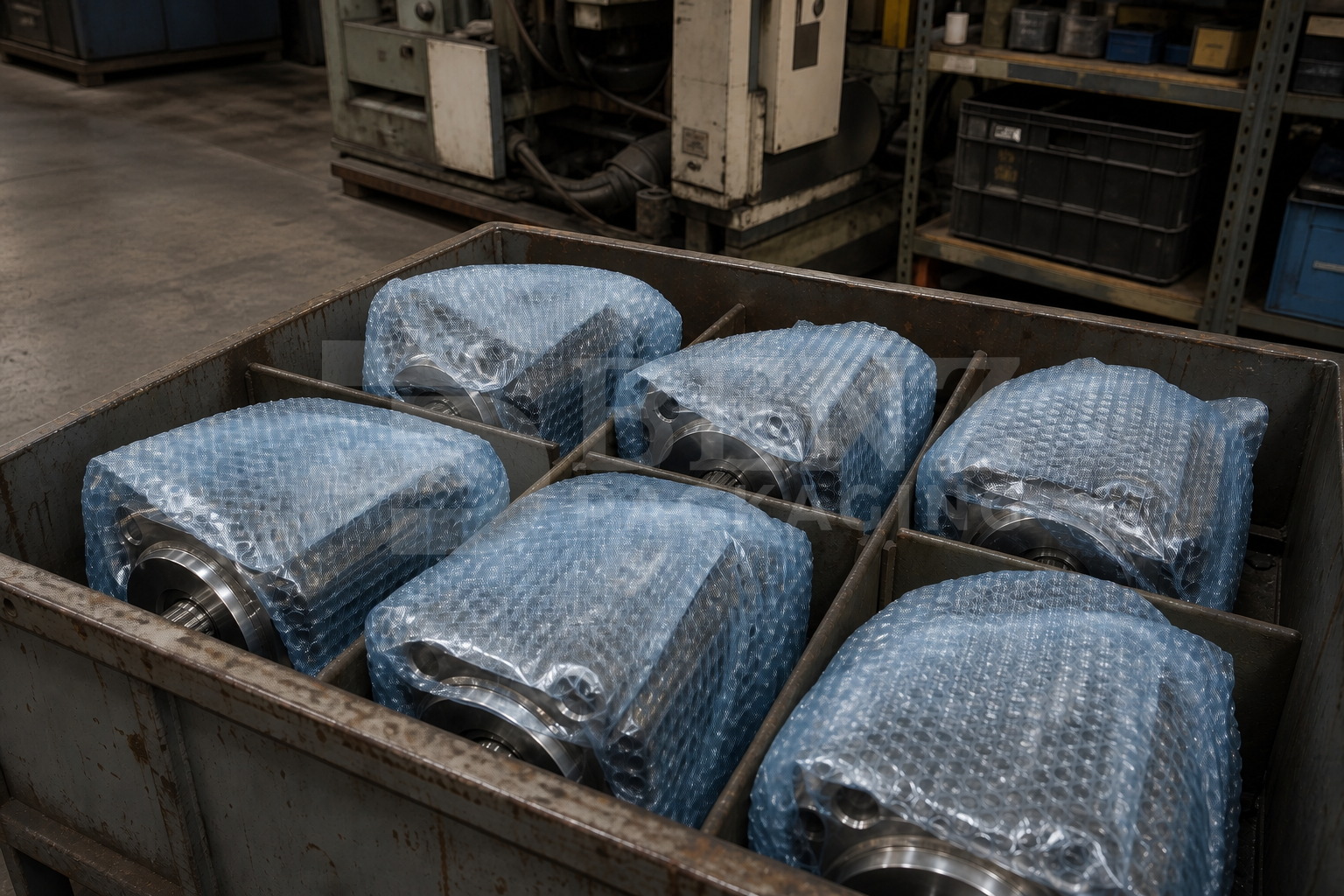 VCI bubble film cushioning robot servo motors in an industrial protective pack.