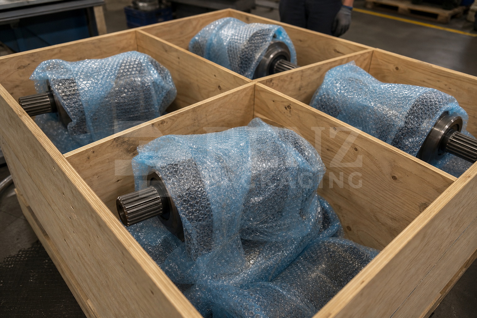 VCI bubble film cushioning a hydrostatic pump set in an industrial protective pack.