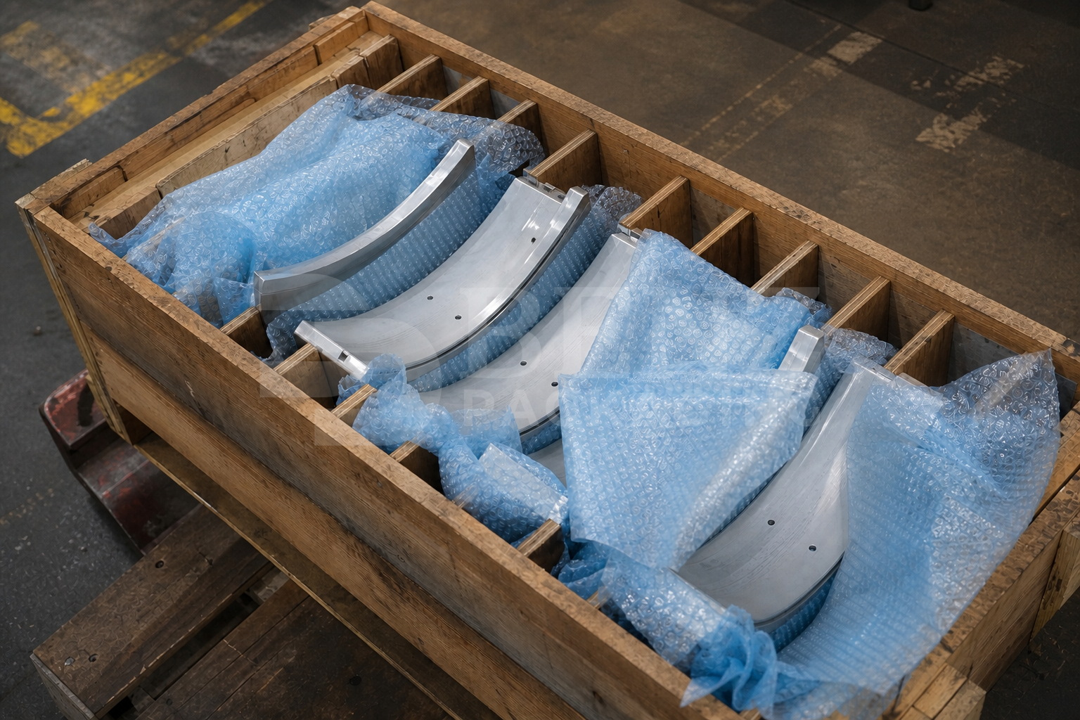 VCI bubble film cushioning turbine bearing shells in an industrial protective pack.