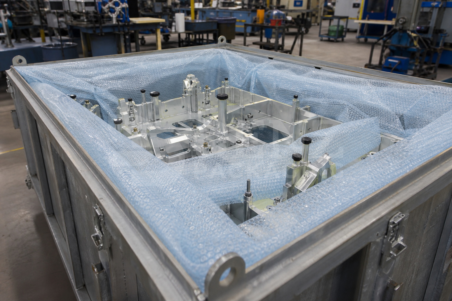 VCI bubble film cushioning an aerospace tooling fixture in an industrial protective pack.