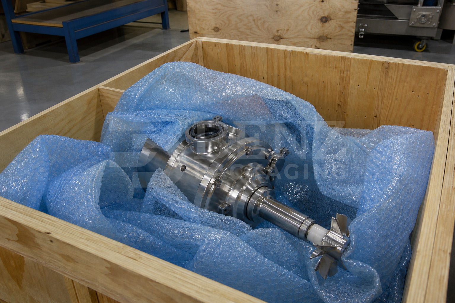 VCI bubble film cushioning a stainless mixing head in an industrial protective pack.