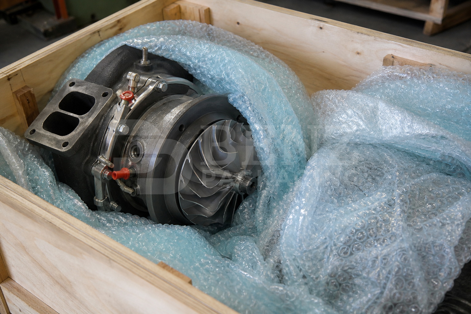 VCI bubble film cushioning a marine turbocharger cartridge in an industrial protective pack.