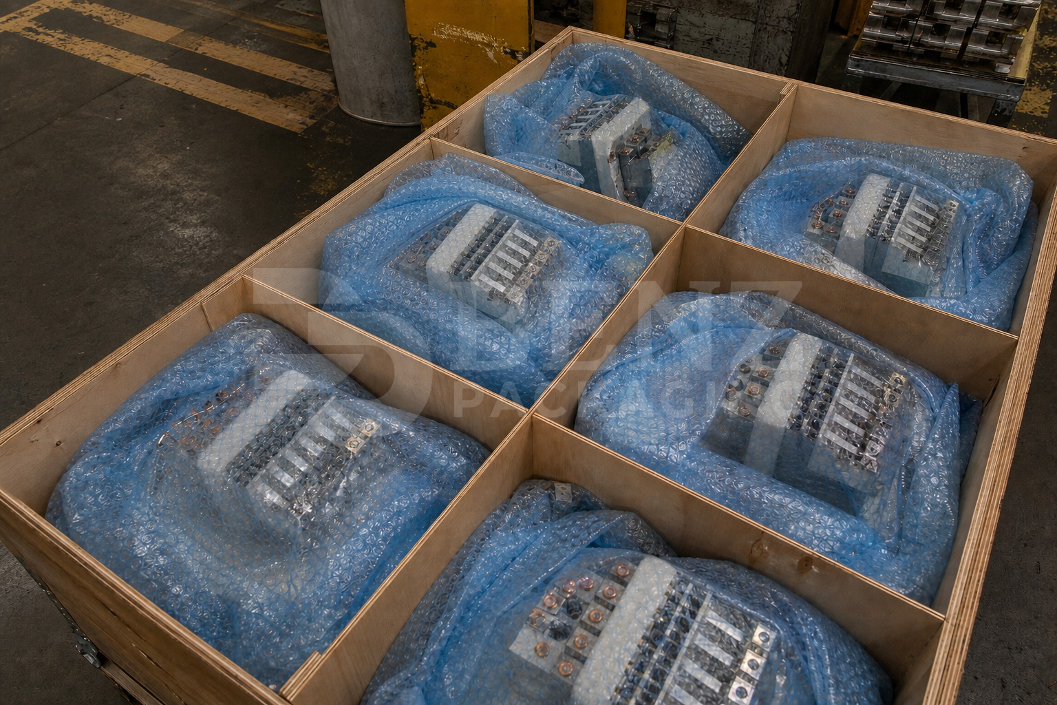 VCI bubble film cushioning electrical contact assemblies in an industrial protective pack.