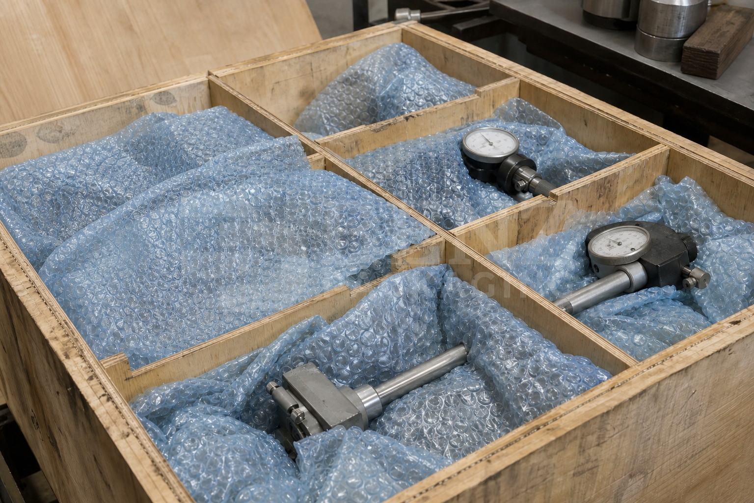 VCI bubble film cushioning steel measuring instruments in an industrial protective pack.